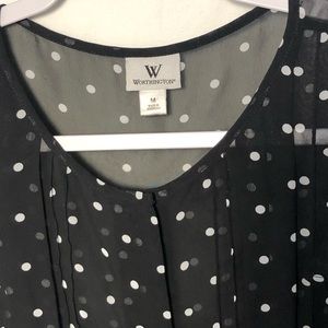 black and white ruffle pleated polka dot top